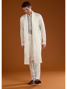 KALKI FASHION - Men Off White Linen Mandarin Neck Kurta with Dupatta and Pant
