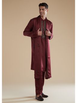 KALKI FASHION - Men Red Silk Blend Mandarin Neck Kurta with Dupatta and Pant