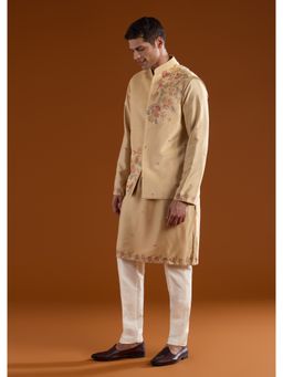 KALKI FASHION - Men Beige Velvet Mandarin Neck Jacket with Kurta and Pant