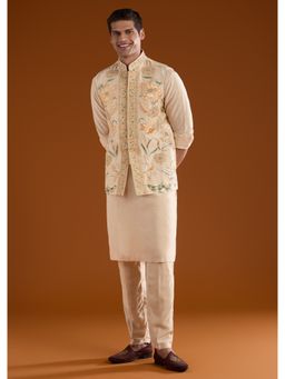 KALKI FASHION - Men Gold Silk Blend Mandarin Neck Jacket with Kurta and Pant