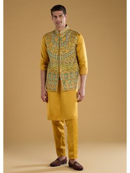 KALKI FASHION - Men Yellow Linen Mandarin Neck Jacket with Kurta and Pant