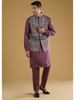 KALKI FASHION - Men Purple Linen Mandarin Neck Jacket with Kurta and Pant