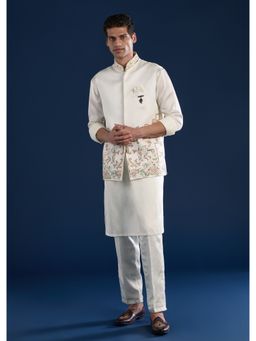 KALKI FASHION - Men Off White Linen Mandarin Neck Jacket with Kurta and Pant