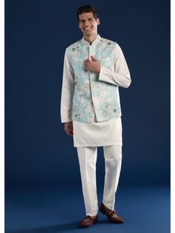 KALKI FASHION - Men Blue Silk Blend Mandarin Neck Jacket with Kurta and Pant