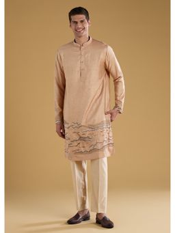 KALKI FASHION - Men Beige Silk Blend Mandarin Neck Kurta with Pant