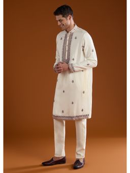 KALKI FASHION - Men Off White Silk Blend Mandarin Neck Kurta with Pant