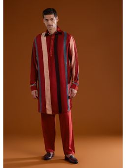 KALKI FASHION - Men Red Silk Blend Collar Neck Kurta with Pant
