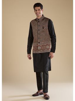 KALKI FASHION - Men Black Silk Blend Mandarin Neck Jacket with Kurta and Pant