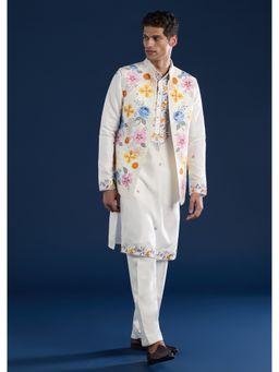 KALKI FASHION - Men White Silk Blend Mandarin Neck Jacket with Kurta and Pant