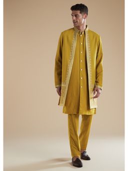 KALKI FASHION - Men Yellow Silk Blend Mandarin Neck Jacket with Kurta and Pant