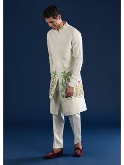 KALKI FASHION - Men Off White Silk Blend Mandarin Neck Jacket with Kurta and Pant