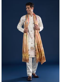 KALKI FASHION - Men Orange Silk Blend Mandarin Neck Kurta with Dupatta and Pant