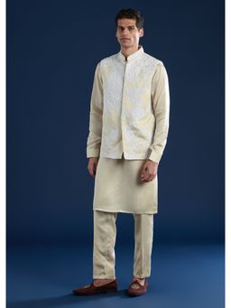 KALKI FASHION - Men Cream Linen Mandarin Neck Jacket with Kurta and Pant