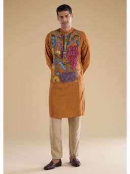 KALKI FASHION - Men Rust Silk Blend Mandarin Neck Kurta with Pant