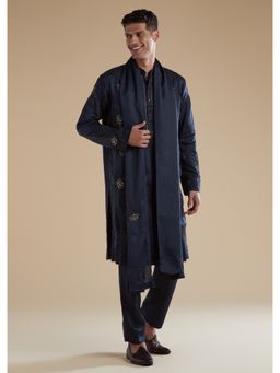 KALKI FASHION - Men Navy Blue Linen Mandarin Neck Kurta with Dupatta and Pant