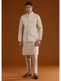 KALKI FASHION - Men Off White Silk Blend Mandarin Neck Jacket with Kurta and Pant