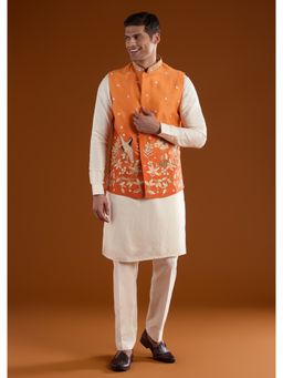 KALKI FASHION - Men Orange Silk Blend Mandarin Neck Jacket with Kurta and Pant