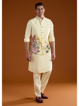 KALKI FASHION - Men Yellow Silk Blend Mandarin Neck Jacket with Kurta and Pant
