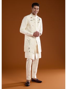 KALKI FASHION - Men Cream Silk Blend Mandarin Neck Jacket with Kurta and Pant