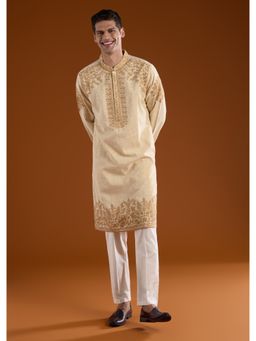 KALKI FASHION - Men Beige Viscose Rayon Mandarin Neck Kurta with Pant