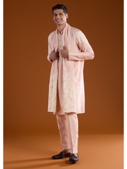 KALKI FASHION - Men Peach Silk Blend Mandarin Neck Kurta with Dupatta and Pant