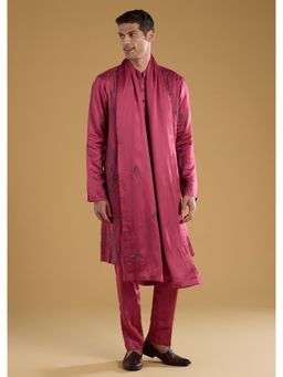 KALKI FASHION - Men Magenta Silk Blend Mandarin Neck Kurta with Dupatta and Pant