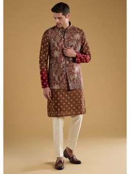 KALKI FASHION - Men Brown Silk Blend Mandarin Neck Jacket with Kurta and Pant