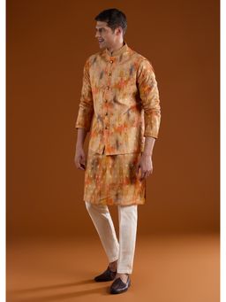 KALKI FASHION - Men Orange Silk Blend Mandarin Neck Jacket with Kurta and Pant