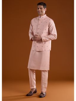 KALKI FASHION - Men Peach Silk Blend Mandarin Neck Jacket with Kurta and Pant