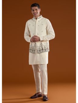 KALKI FASHION - Men Cream Silk Blend Mandarin Neck Jacket with Kurta and Pant