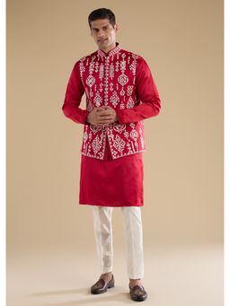 KALKI FASHION - Men Pink Silk Blend Mandarin Neck Jacket with Kurta and Pant