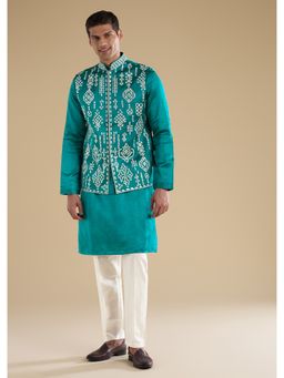 KALKI FASHION - Men Blue Silk Blend Mandarin Neck Jacket with Kurta