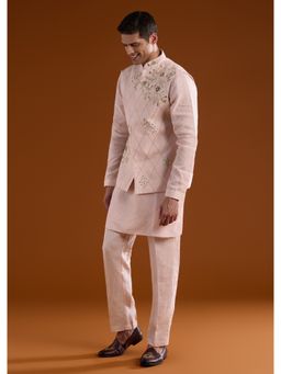 KALKI FASHION - Men Pink Silk Blend Mandarin Neck Jacket with Kurta and Pant