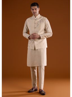KALKI FASHION - Men Beige Silk Blend Mandarin Neck Jacket with Kurta and Pant