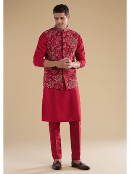 KALKI FASHION - Men Red Silk Blend Mandarin Neck Jacket with Kurta and Pant