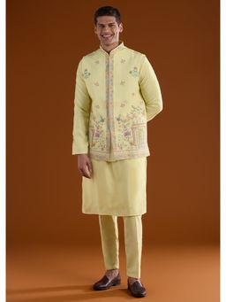 KALKI FASHION - Men Yellow Silk Blend Mandarin Neck Jacket with Kurta and Pant