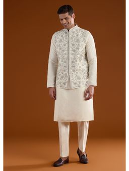KALKI FASHION - Men Cream Silk Blend Mandarin Neck Jacket with Kurta and Pant