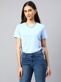 Xpose - Blue Solid Round Neck Crop Side Tie Ups Top