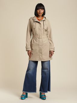 Label Ritu Kumar - Beige Hooded Parka Coat with Belt (Set of 2)