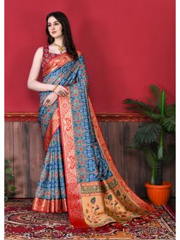 Yavira Silk - Blue Soft Raw Silk Handloom Patola Print Saree with Unstitched Blouse