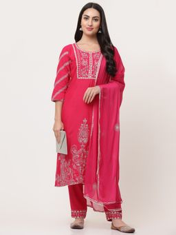 SAVI - Dark Pink Embroidered Kurta with Pant and Dupatta (Set of 3)