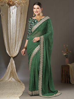 Akhilam - Womens Georgette Green Zari Embroidered Designer Saree with Unstitched Blouse
