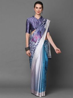 Odette - Grey & Blue Casual Crepe Printed Saree with Unstitched Blouse