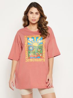 Clovia - Text & Graphic Print Oversized T-Shirt in Peach Colour Pure Cotton