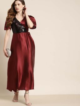 Qurvii - Maroon Satin Party Dress