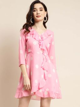 Qurvii - Ruffle Pink Polka Dot Short Dress
