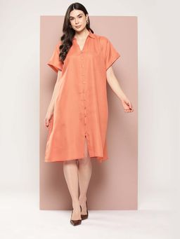 Qurvii - Orange Oversized Cotton Slub Front Open Loop Button Dress
