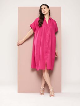 Qurvii - Pink Oversized Cotton Slub Front Open Loop Button Dress