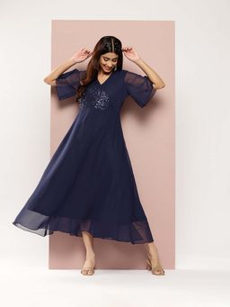 Qurvii - Elegant Navy Blue Georgette Party Dress