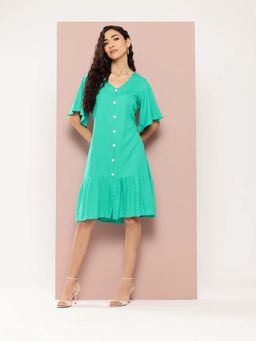 Qurvii - Green Solid Rayon A-Line Style Dress